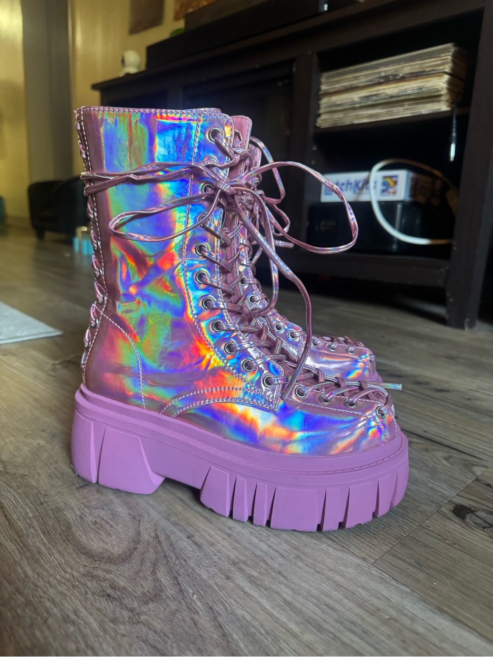 Pink chrome lace up platform boots
